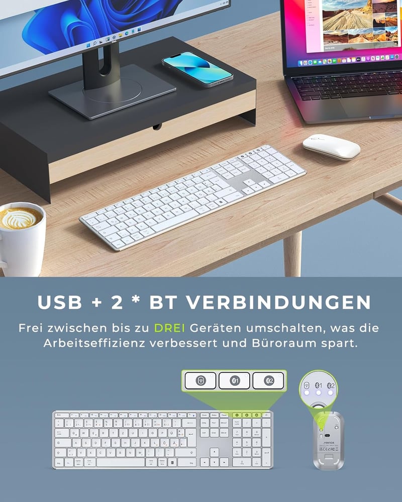 seenda Fém Bluetooth Billentyűzet és Egér Szett - Újratölthető Kettős Módú USB/BT Vezeték Nélküli QWERTZ Billentyűzet PC/Tablet/MacOS Eszköz