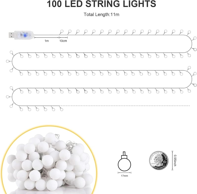 Bigzom LED Gömbfüzér 100 LED Meleg Fehér Fénnyel - 11m USB Fényfüzér Távirányítóval, 8 Világítási Móddal, Időzítővel - Kültéri/Beltéri Dekor