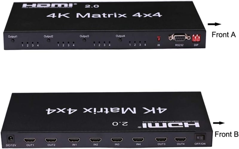 XYKJOBC HDMI Matrix 4x4 - 4K 60Hz Elosztó, 4 Bemenet 4 Kimenet, RS232 EDID Kapcsoló, Kompatibilis TV, Projektor, DVD Lejátszó