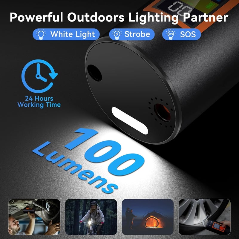 ZETHORS 150 PSI elektromos kerékpárpumpa, LED-es, 6000mAh-s akkumulátorral, autókhoz, biciklikhez