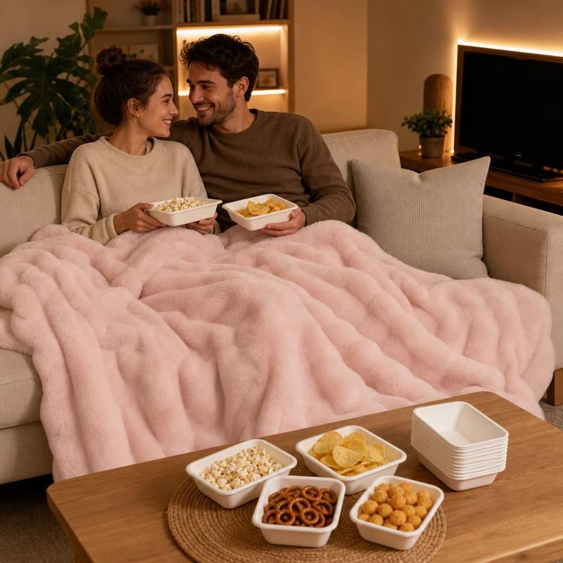 Balíček pre filmový večer: umelá kožušina + ľanový obliečka + LED pásik + 50x miska