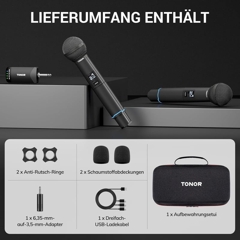 TONOR TW720 Bluetooth Vezeték Nélküli Mikrofon Szett - UHF Fém Újratölthető Mikrofonok (2db) 7-9 óra üzemidő