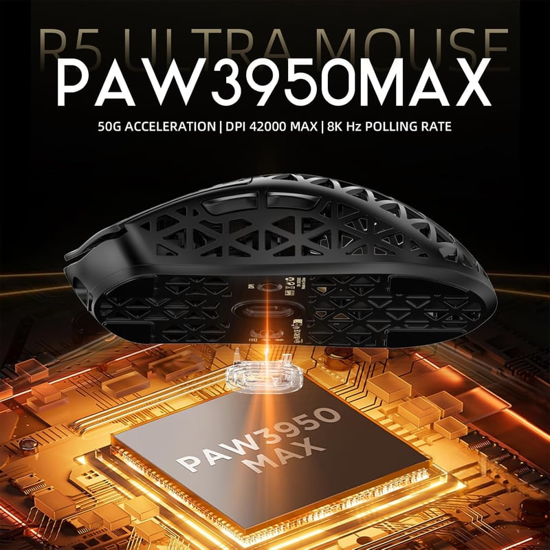 ATTACK SHARK R5 Ultra Szénszálas Gamer Egér, 39g Szuperkönnyű, 8000Hz Vezeték Nélküli, 42000 DPI, PAW3950MAX Szenzor, Bluetooth/2.4G/Vezeték