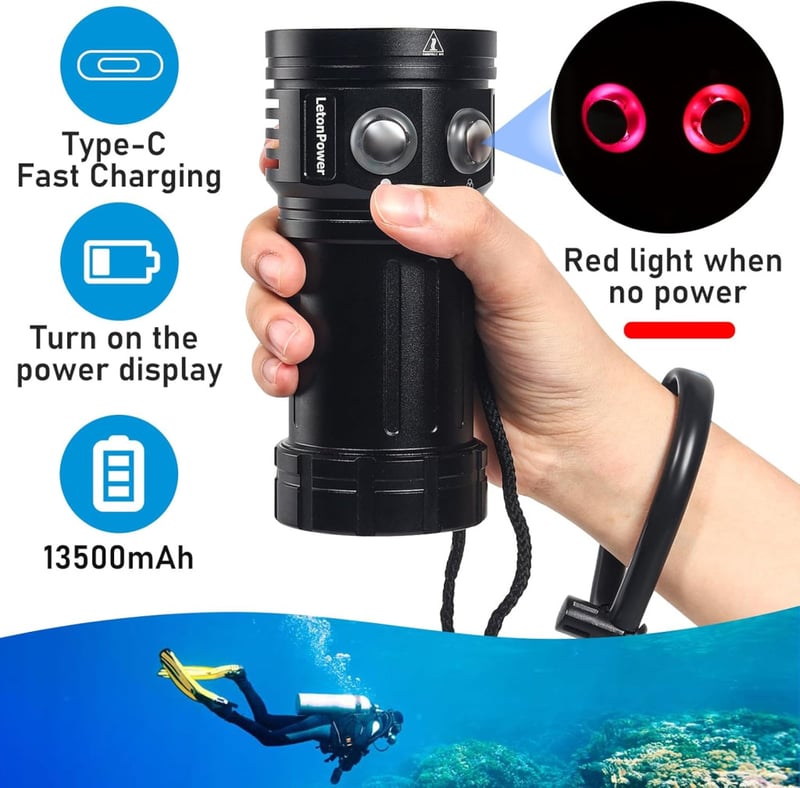 LetonPower Sealion L12 Búvárlámpa 18000 Lumen 100m Vízálló Merülő Fényforrás Víz Alatti Videózáshoz 3 Lítium Elemmel