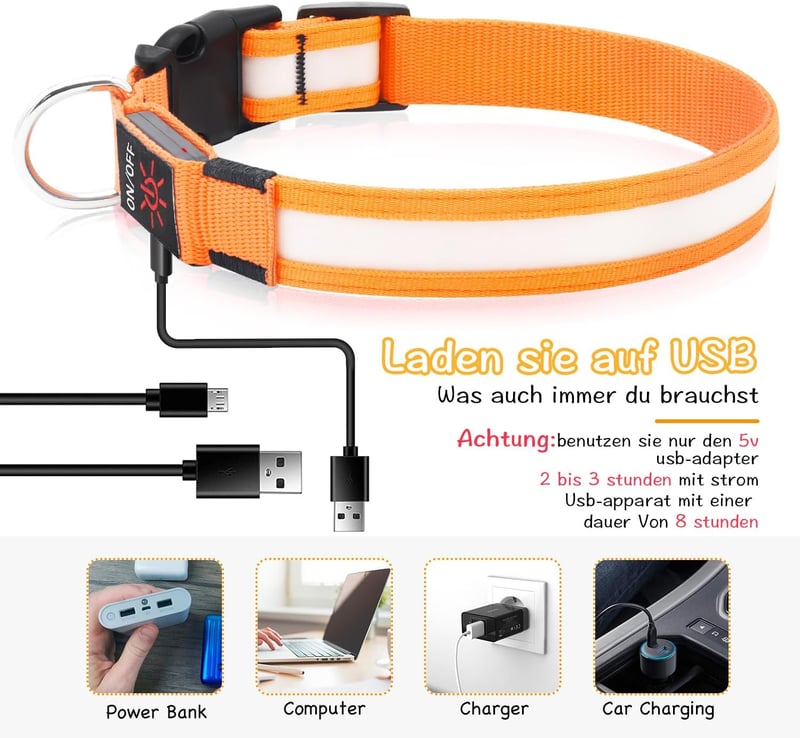 iTayga USB-s Világító Kutyanyakörv - Narancssárga, S méret, Vízálló, 3 Fénymód