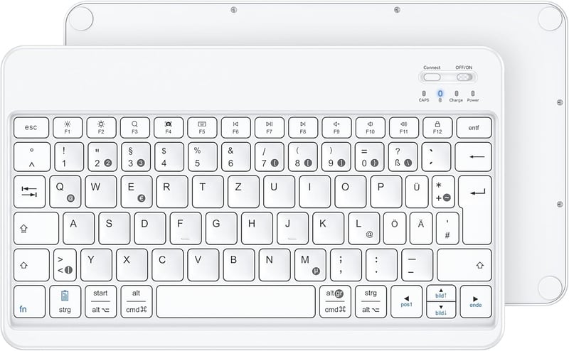 Emetok Német QWERTZ Bluetooth Billentyűzet iPad/iPhone/Samsung/Android Készülékekhez - Ultravékony, Újratölthető, Vezeték Nélküli, Fehér