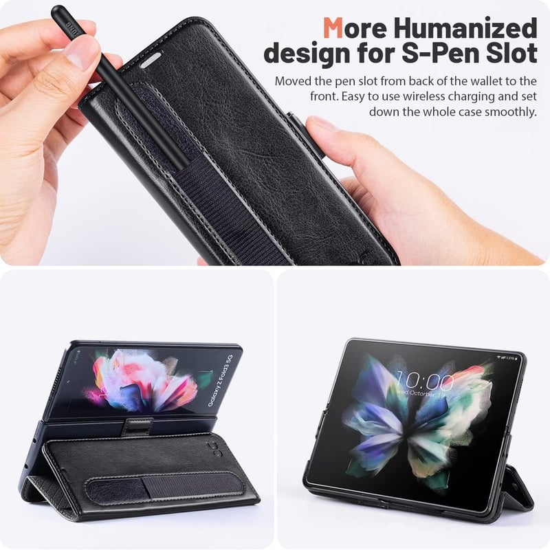 Samsung Galaxy Z Fold 4 5G OCASE bőrtok S Pen tartóval, RFID védelemmel - Fekete