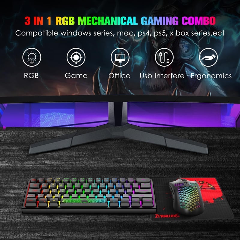 LexonElec 60% Mini Gamer Billentyűzet és Egér Szett - Fekete, RGB Háttérvilágítás, Mechanikus Érzetű, Ergonomikus, 12000 DPI Méhsejt Egér, U