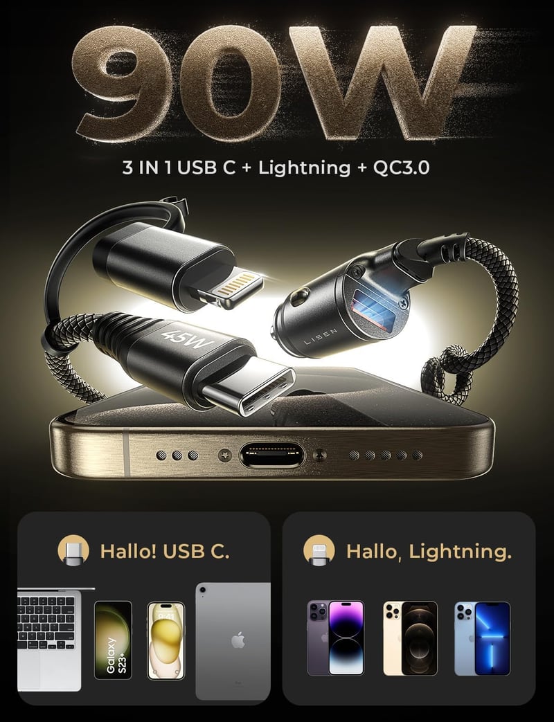 LISEN 90W-os USB szivargyújtó adapter autóba, iPhone és Samsung kompatibilis