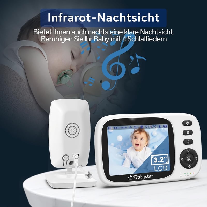 Babystar Baba Figyelő Kamera 3,2" HD Kijelzővel - Vezeték Nélküli, Éjjellátó, Hőmérséklet Figyelés, Kétirányú Hang, ECO Mód, 2100 mAh Akkumu