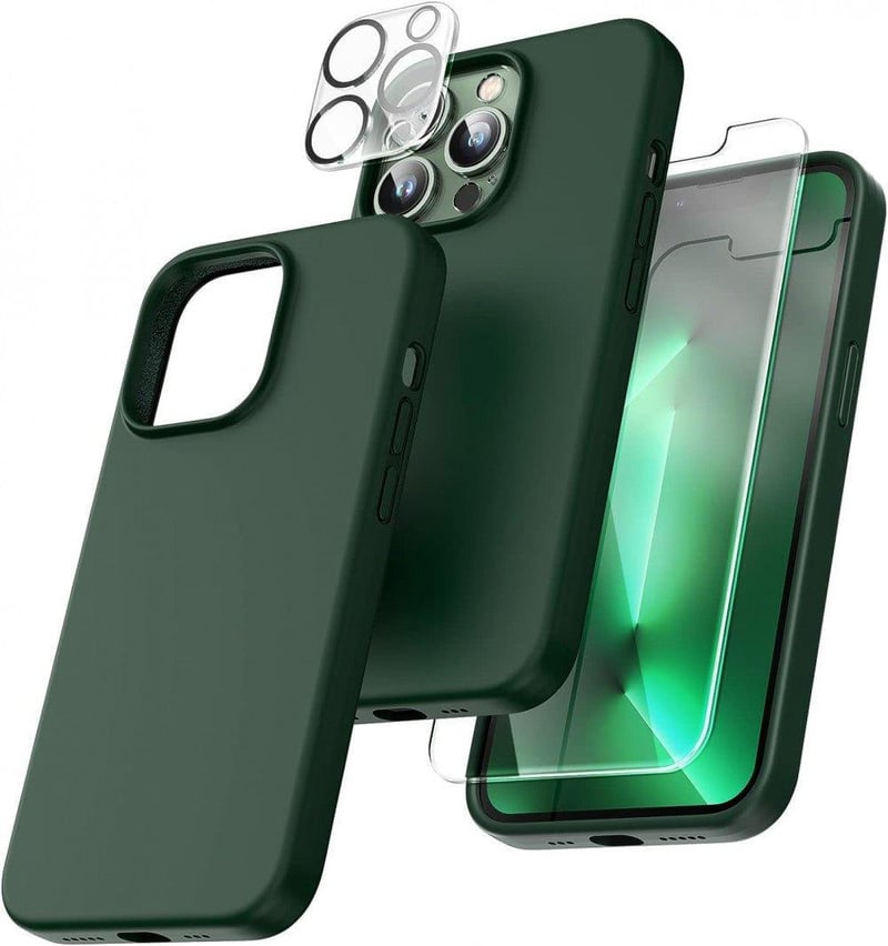 Apple iPhone 13 Pro Sötétzöld Szilikon Tok Fólia Szettel