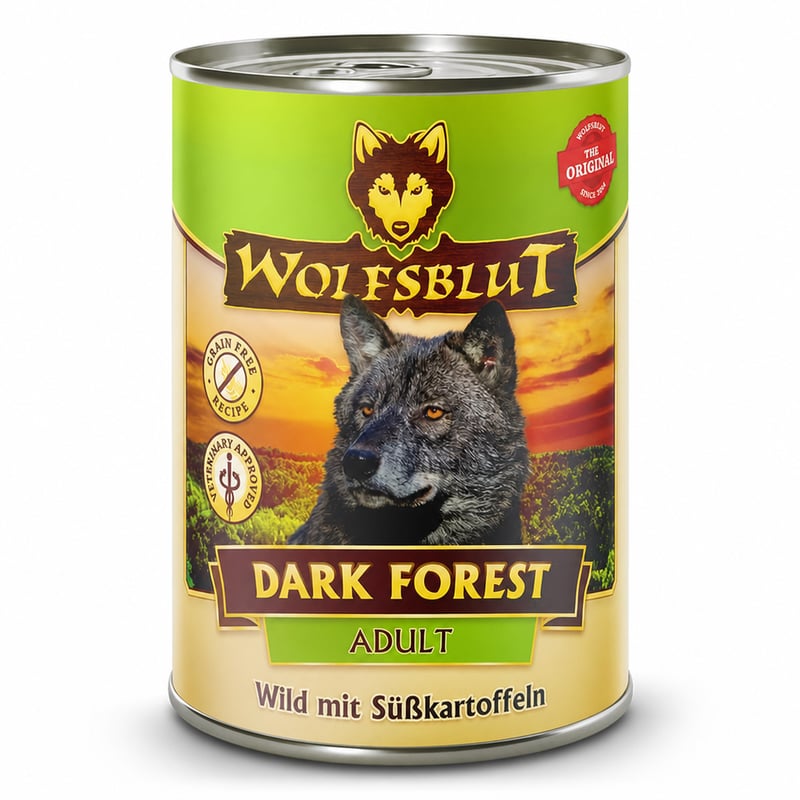 Hrană umedă pentru câini adulți Wolfsblut Dark Forest – mistreț și cartofi dulci, fără cereale, 395 g x set de 1 buc.
