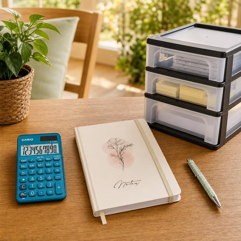 Set organizare birou: 1x calculator 10 cifre + 1x caiet dictando + 1x organizator cu 3 sertare
