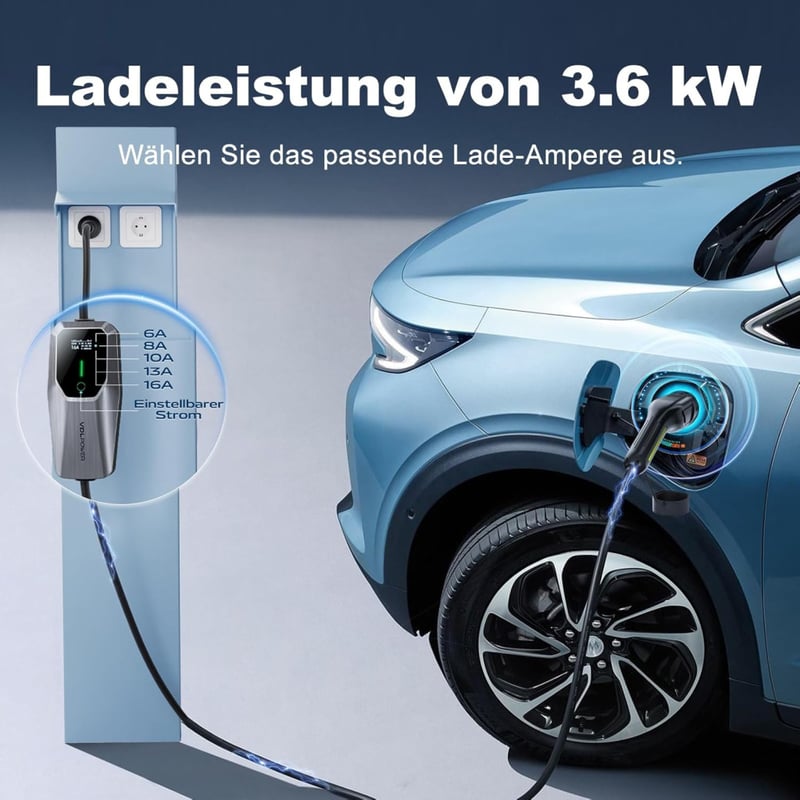 VDLPOWEREU Type 2 Elektromos Autó Töltőkábel 3,6 kW, 5m, LED Kijelzővel, 6A-16A Állítható, Hordozható, IP65 Vízálló, EU Schuko Csatlakozó