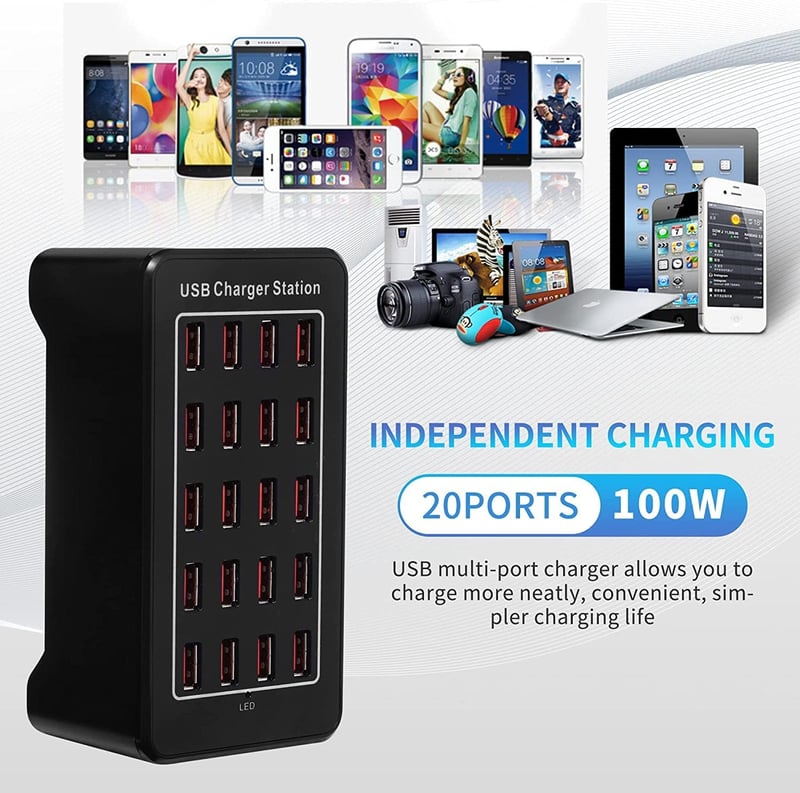 20 portos 100W-os USB töltőállomás Samsung, iPhone, Google, Xiaomi készülékekhez