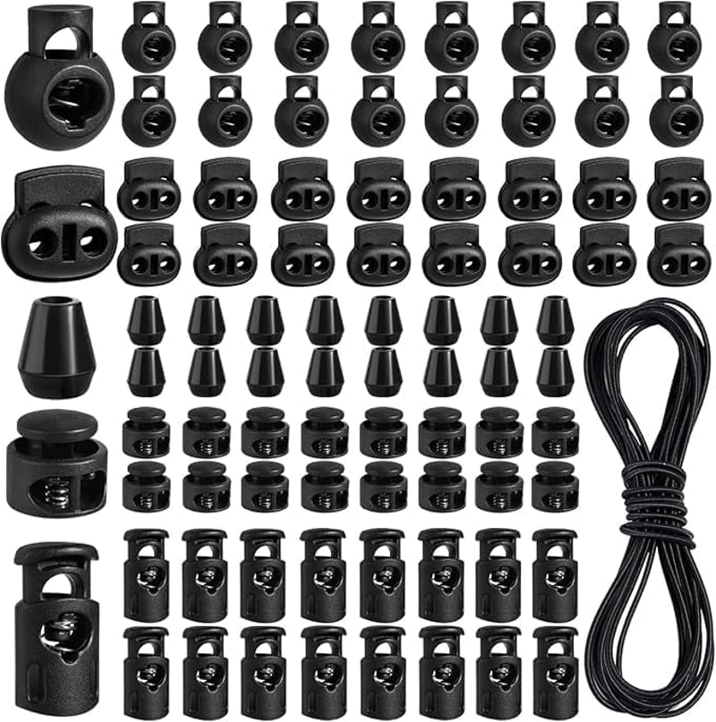 REJOECE 80 db Fekete Zsinórzár Készlet - 5/8 mm Cipőfűző Rögzítő, Kétutas Zsineglezáró Kabátokhoz, Sportruházathoz, Hátizsákokhoz, 4m Rugalm