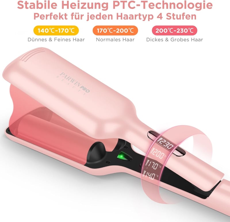 PARWIN PRO BEAUTY Sellő Hullám Hajvasaló - 32 mm Dupla Henger, 4 Hőfokozat, Rózsaszín, Minden Hajtípushoz, Ionos Technológia