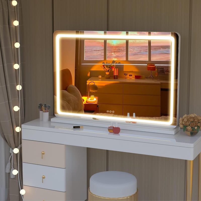 Hasipu LED Sminktükör 58x46 cm - Kerek Fehér Kozmetikai Tükör Érintőképernyős Vezérléssel, 3 Fokozatú Tompítható Világítással, Alumínium Ker