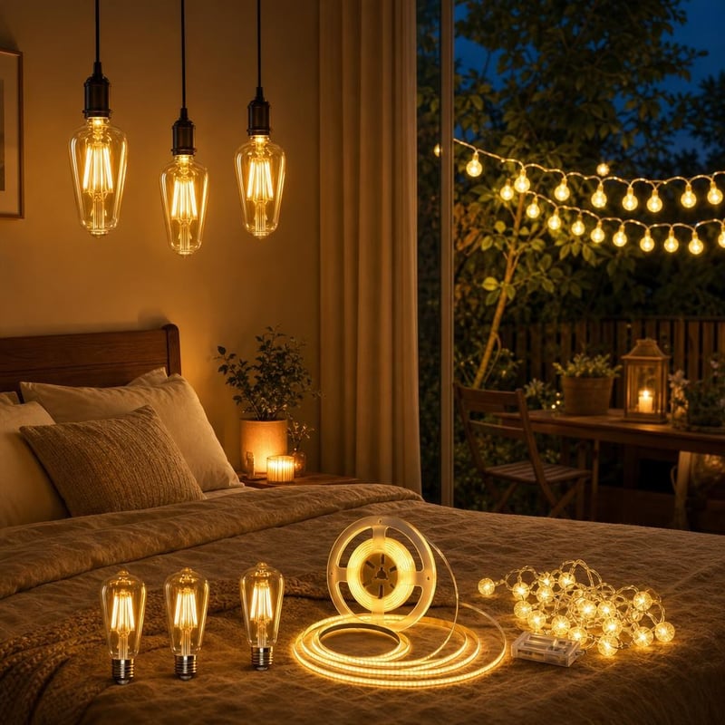 Svetelná atmosféra do spálne: 3x stmievateľná žiarovka + 5m WiFi LED pás + 6m svetelná reťaz