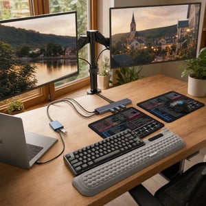 Set za radnu stanicu s dva monitora: USB hub + adapter + 2x podloga + oslonac za zglobove + nosač
