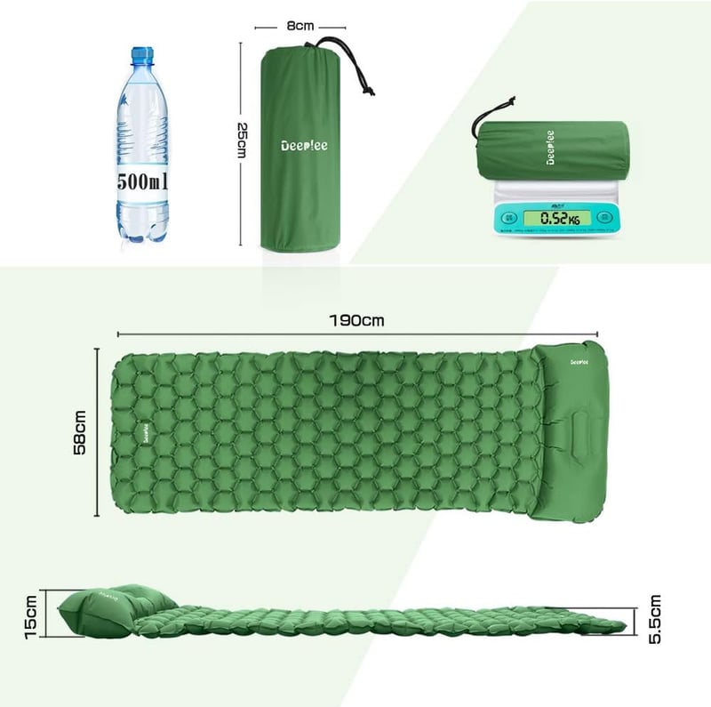 Deeplee Ultrakönnyű Kempingmatrac - Vízálló Egyszemélyes Túramatrac 190x58cm, Zöld - Túrázáshoz, Kempingezéshez, Strandoláshoz, 270kg Teherb