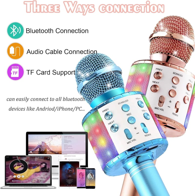 Karaoke Bluetooth mikrofon LED fényekkel, 2 db-os szett, 10 védőhuzattal