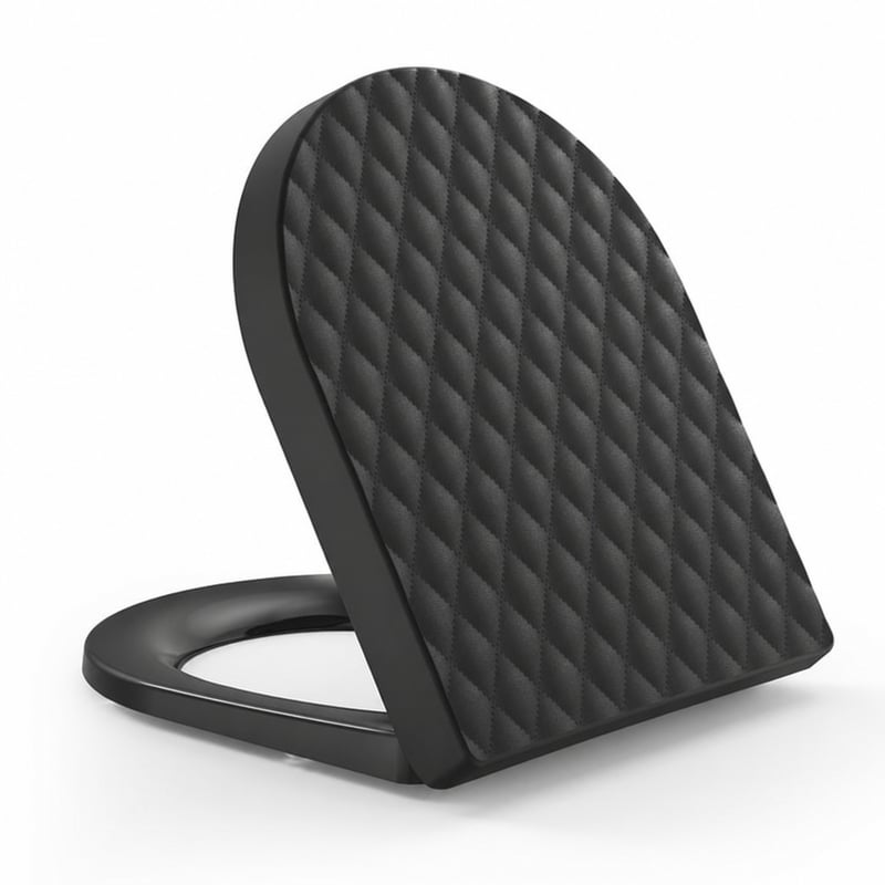 Capac de WC YEAUPE PRO în formă de D cu închidere lentă, model cu romburi 3D, negru, polipropilenă — elemente de fixare lipsă (stare: vezi imaginea 2)