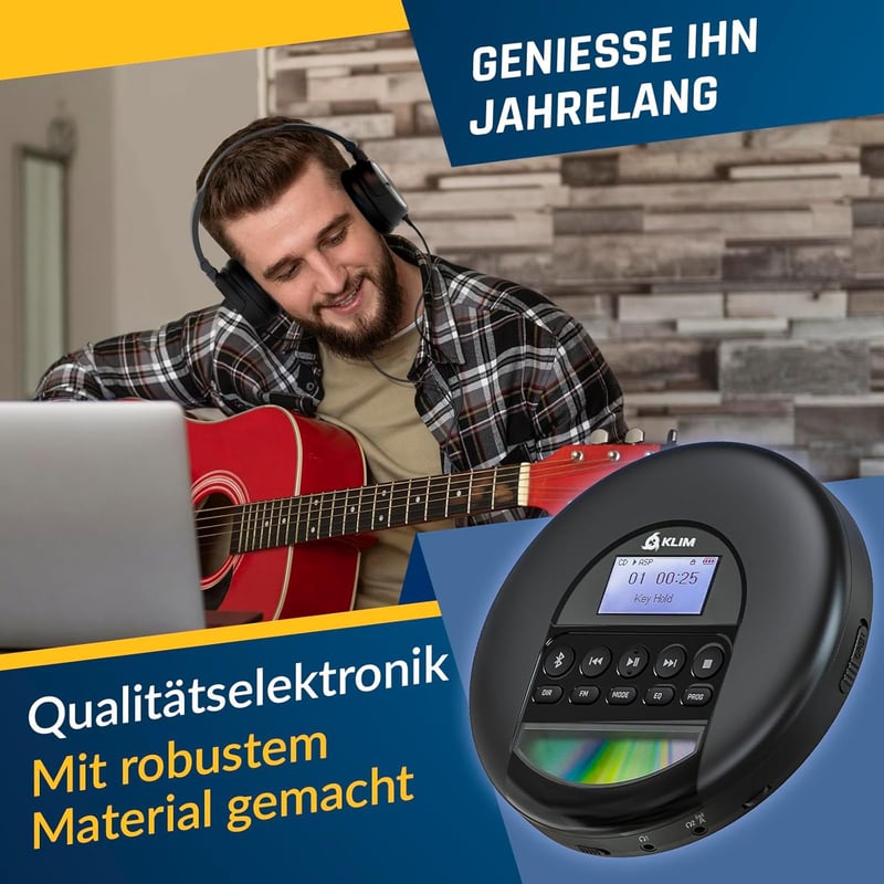 KLIM Nomad Hordozható CD Lejátszó Bluetooth - Hosszú Üzemidejű Akkumulátor, Fülhallgatóval, CD-R/RW/MP3, TF Kártyaolvasó, FM Rádió - Autóba 