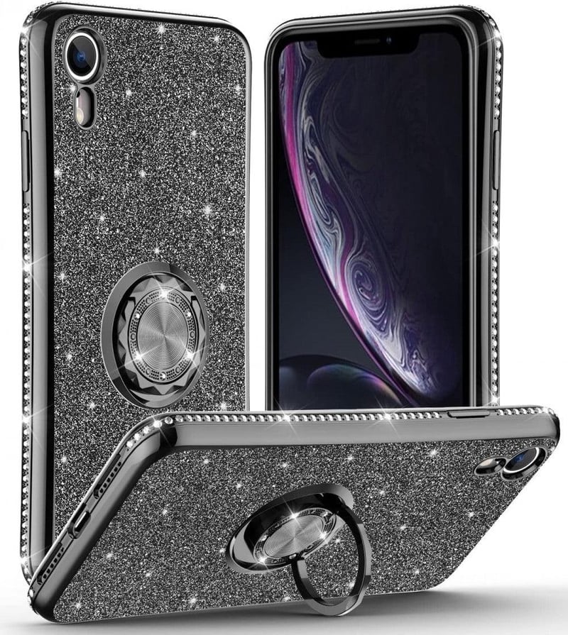 iPhone XR Csillogó Fekete Gyűrűs Védőtok Glitterrel