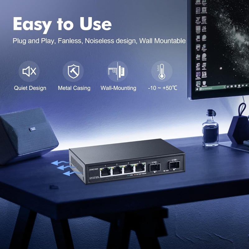 YuLinca 4 portos 2.5G hálózati switch 10G SFP-vel, ventilátor nélküli fém asztali Ethernet switch