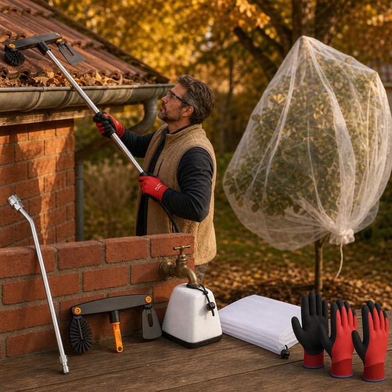 Jesenski set za održavanje okućnice: 14" adapter + četka + zaštita za slavinu + mreža + 2 para rukavica