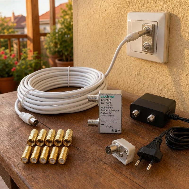 Modem instalacijski set: multimedijski adapter + 15m koaksijalni kabel + 12x F/SAT konektori + utičnica + 12V