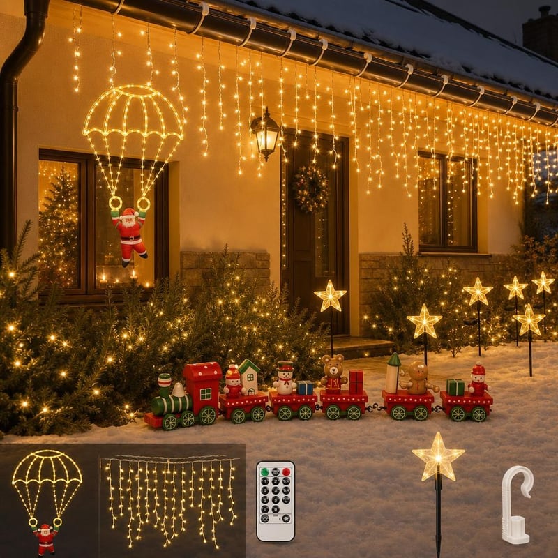 Vianočný svetelný balík: + 1x LED padajúce svetlá + 1x 612 LED cencúle + 1x drevený vláčik + 6x hviezda