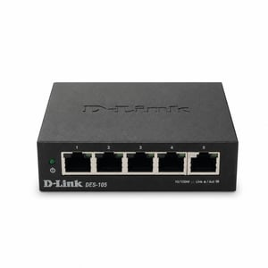 Switch Fast Ethernet D-Link DES-105 cu 5 porturi, 10/100 Mbps, carcasă metalică, desktop, pentru acasă și birouri mici (utilizat)