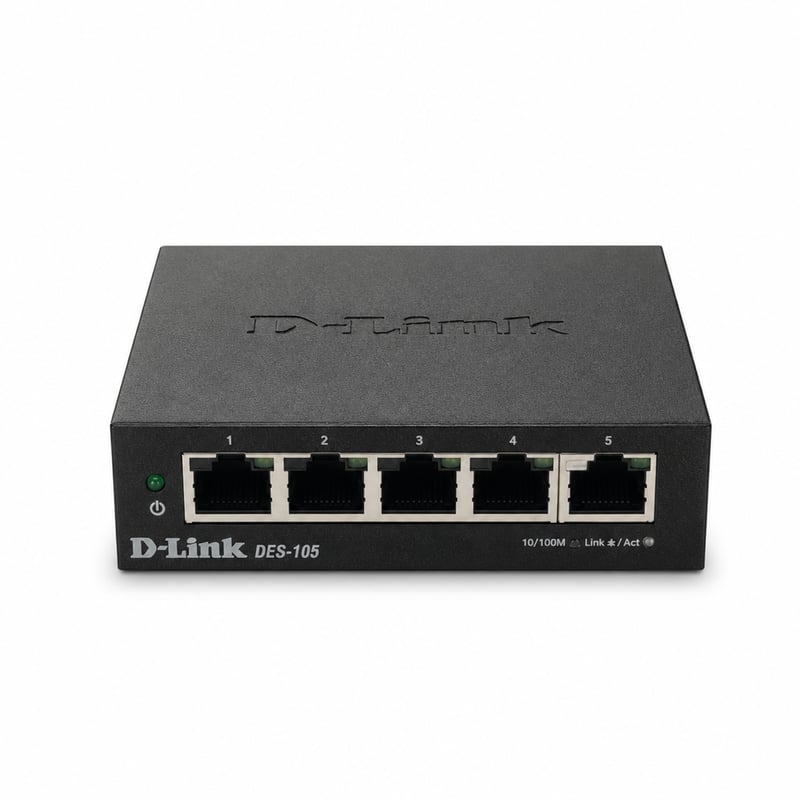 Switch Fast Ethernet D-Link DES-105 cu 5 porturi, 10/100 Mbps, carcasă metalică, desktop, pentru acasă și birouri mici (utilizat)