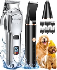oneisall 3-in-1 Vízálló Kutyanyíró Szett - IPX7 Szőrnyíró Vastag Bundához, Mancsnyíró és Trimmelő Kutyáknak, Macskáknak, Vezeték Nélküli - Silver, Black 1