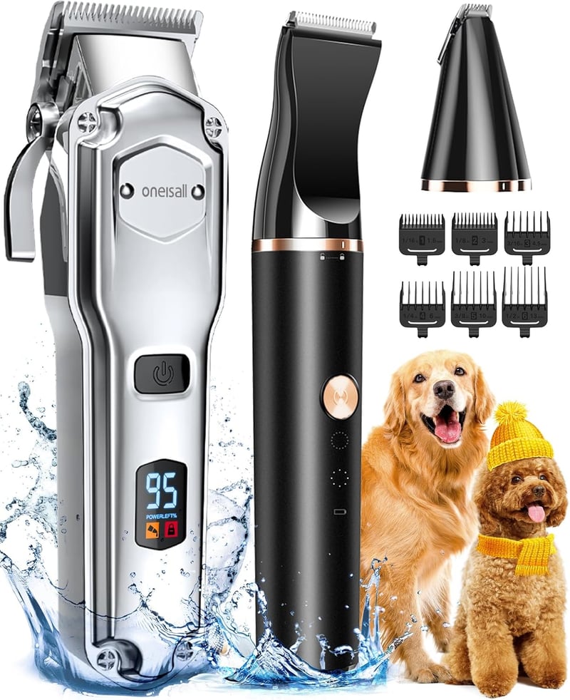 oneisall 3-in-1 Vízálló Kutyanyíró Szett - IPX7 Szőrnyíró Vastag Bundához, Mancsnyíró és Trimmelő Kutyáknak, Macskáknak, Vezeték Nélküli - Silver, Black