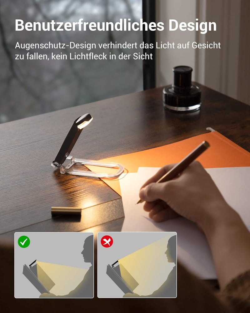 DEWENWILS Újratölthető Olvasólámpa Könyvcsipesszel - Borostyán Fény Kék Fény Szűrővel, 4 Fényerősség, USB Tölthető, Könnyű Hordozható Könyvj