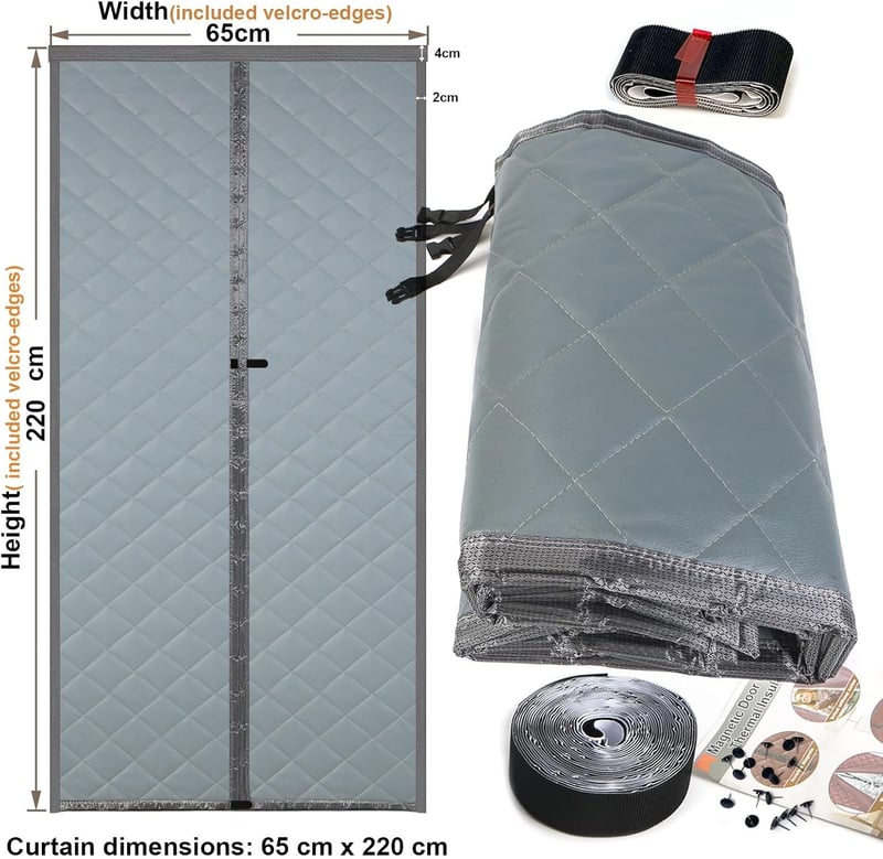 Risareyi Mágneses Hőszigetelő Ajtófüggöny 65x220 cm - Szürke PU Bőr, Meleg és Hideg Elleni Védelem