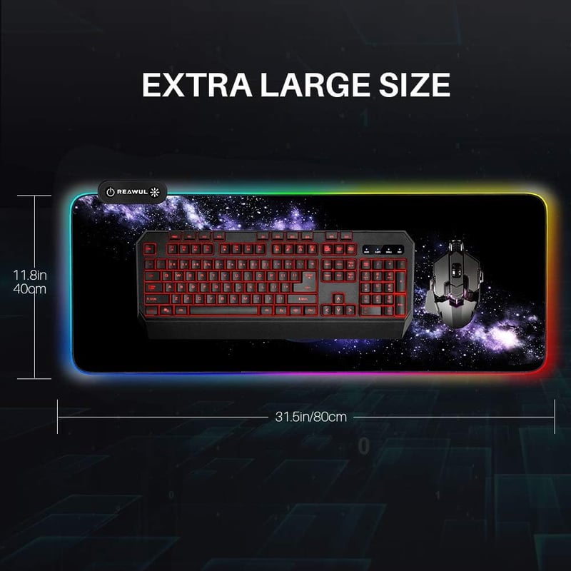 REAWUL RGB Gamer Egérpad XXL - 7 LED Szín, 14 Világítási Mód, Csúszásgátló, Vízálló Felület, 800x300x4mm, Billentyűzethez és Egérhez