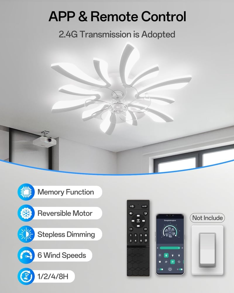 YUNLONG 78 cm Modern Mennyezeti Ventilátor LED Világítással - Távirányítós, Szabályozható, 7 Lapátos, Csendes, Fehér, Nyári-Téli Üzemmód, Há