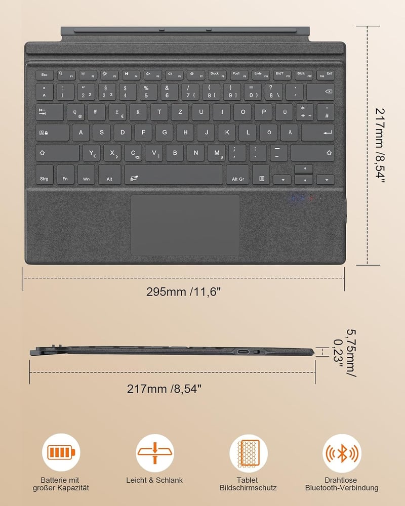 MoKo Bluetooth Érintőpados Billentyűzet Microsoft Surface Pro 7+/7/6/5/4/3 Készülékekhez - QWERTZ Kiosztás, Újratölthető Akkumulátor, Szürke