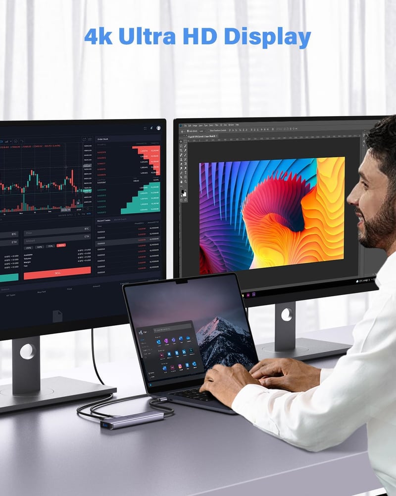 Newmight 7 az 1-ben USB-C Dokkoló Állomás Kettős Monitor Támogatással - 2 HDMI, 3 USB 3.0, 100W PD - Dell, HP, iPhone 15 Kompatibilis