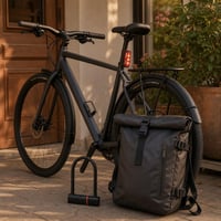 Mestské cyklo-dobrodružstvo: 1x plášť + 1x zadné svetlo + 1x U-zámok + 1x nepremokavý batoh na notebook 1