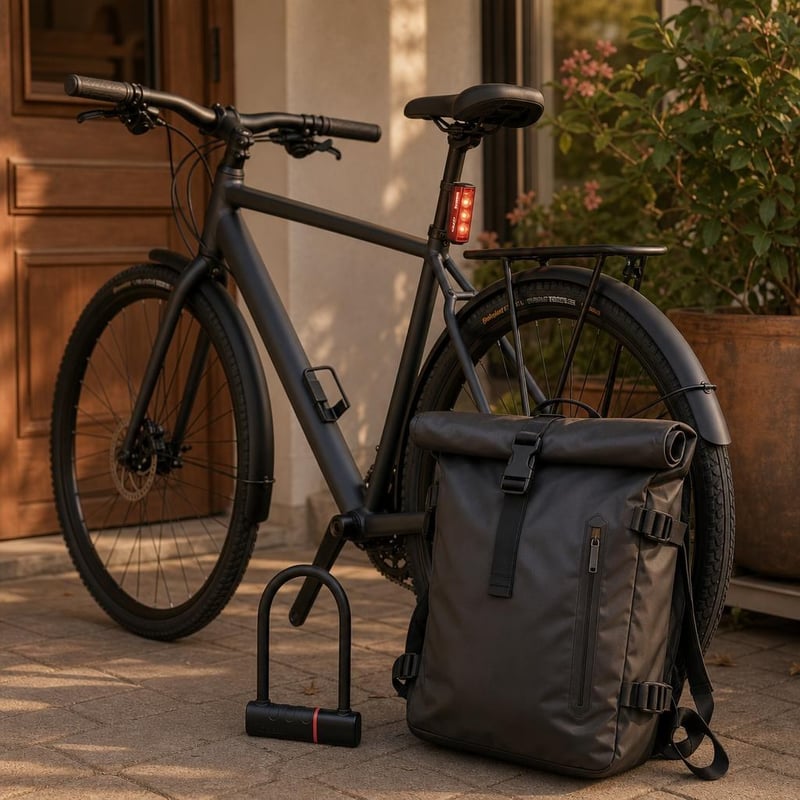 Mestské cyklo-dobrodružstvo: 1x plášť + 1x zadné svetlo + 1x U-zámok + 1x nepremokavý batoh na notebook