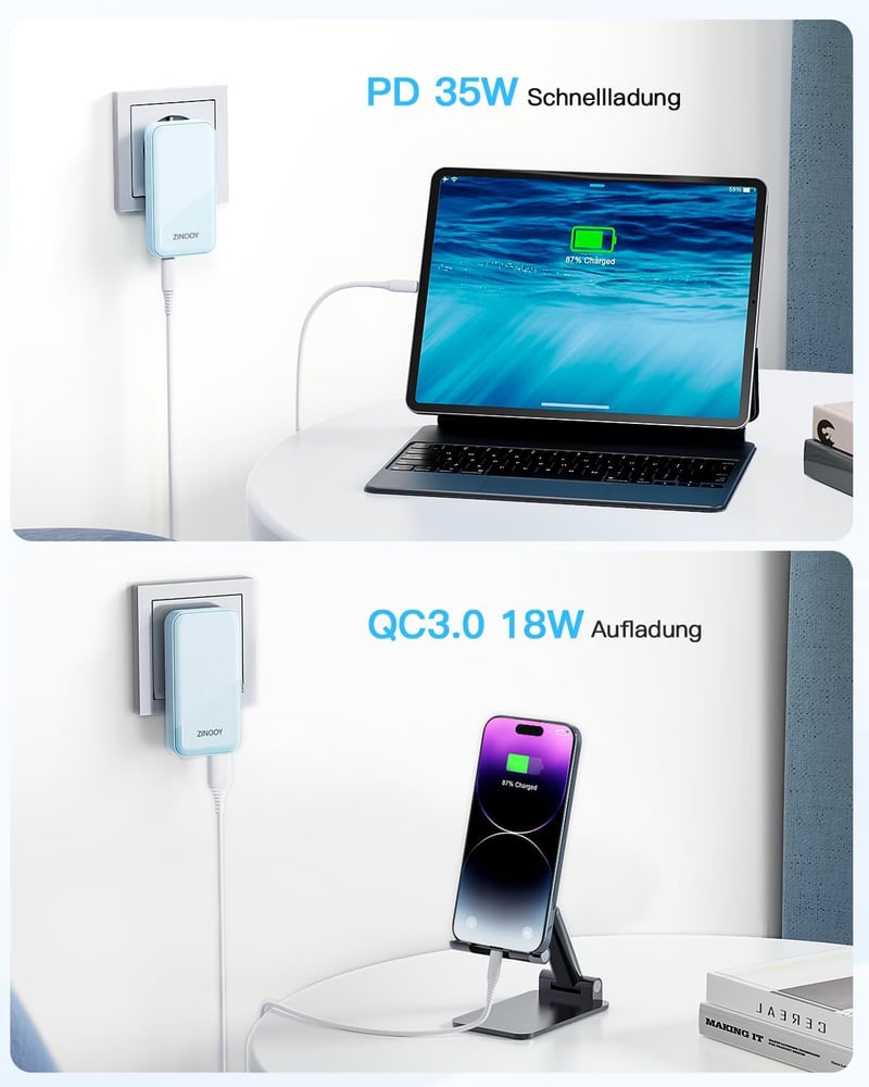 Zinooy 35W USB-C Gyorstöltő Adapter 2 Portos Lapos Kialakítással - iPhone 15/14/13, Samsung Galaxy S24/23, iPad, Xiaomi Kompatibilis