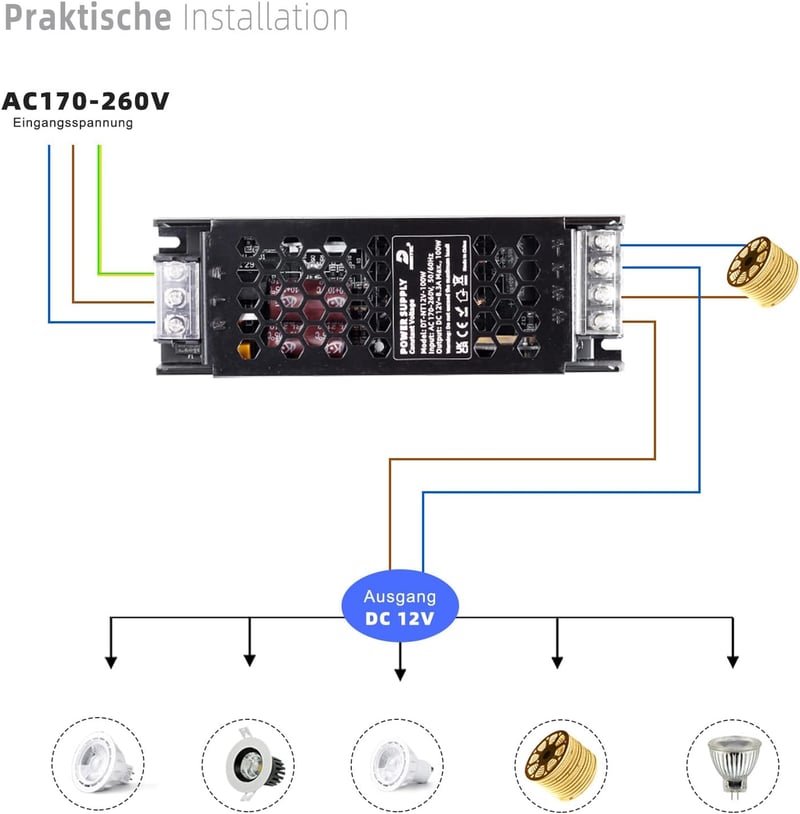DUSKTEC 300W 12V LED tápegység, IP20 transzformátor, 25A, beltéri LED szalagokhoz