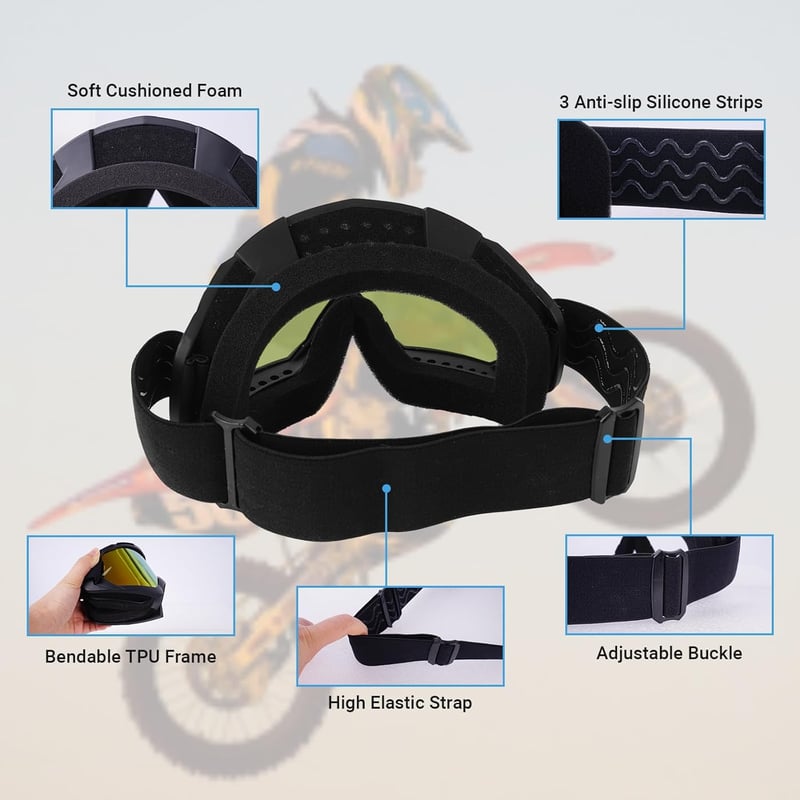 Motoros Szemüveg - UV Védelem, Szélálló, Porálló, OTG Kompatibilis - ATV, Dirt Bike, Motocross, Kerékpár, Sí és Hegymászás