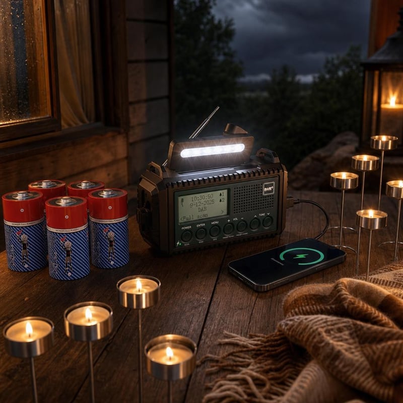 Set za hitne slučajeve: ručni radio + svjetiljka + 5000 mAh punjač + 5x D baterije + 10x svijećnjaka