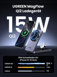 UGREEN MagFlow Qi2 15W 3-in-1 Vezeték Nélküli Töltőállomás iPhone 16/15/14/13/12, AirPods és Apple Watch Készülékekhez, Összecsukható Mágnes 2